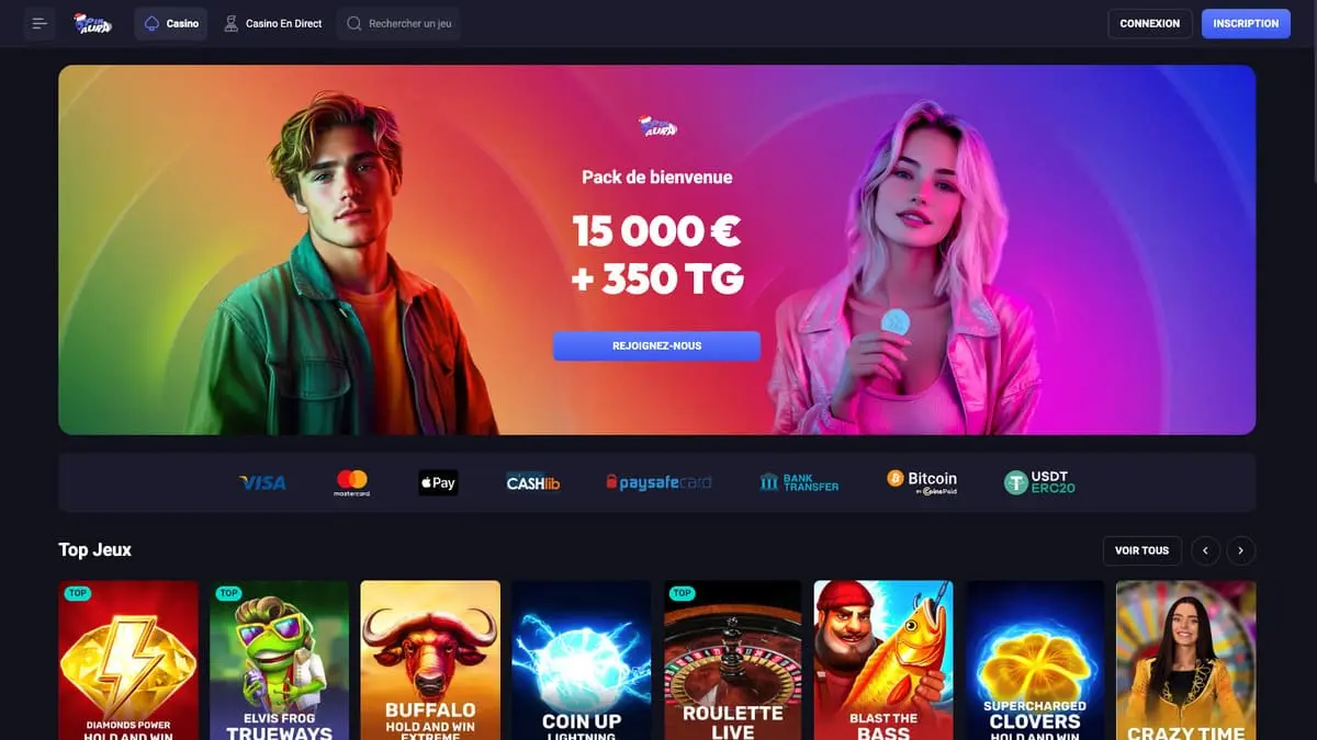 Page d'accueil de SpinAura Casino France avec pack de bienvenue